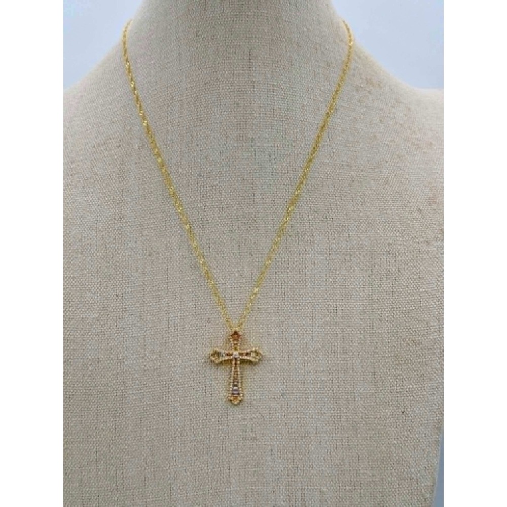 YGI 18K Gold Plated Sterling Silver Baguette CZ Cross Necklace 925